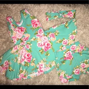 Custom dress, matching shorts, top knot headband